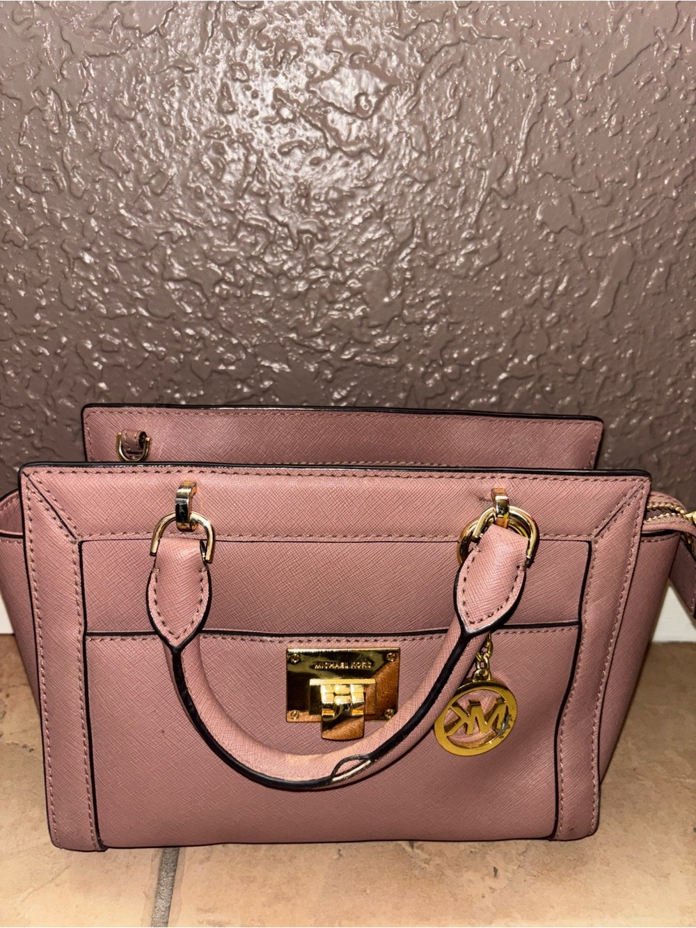 Michael Kors Dusty Brown Saffiano Leather Satchel with Gold Hardware